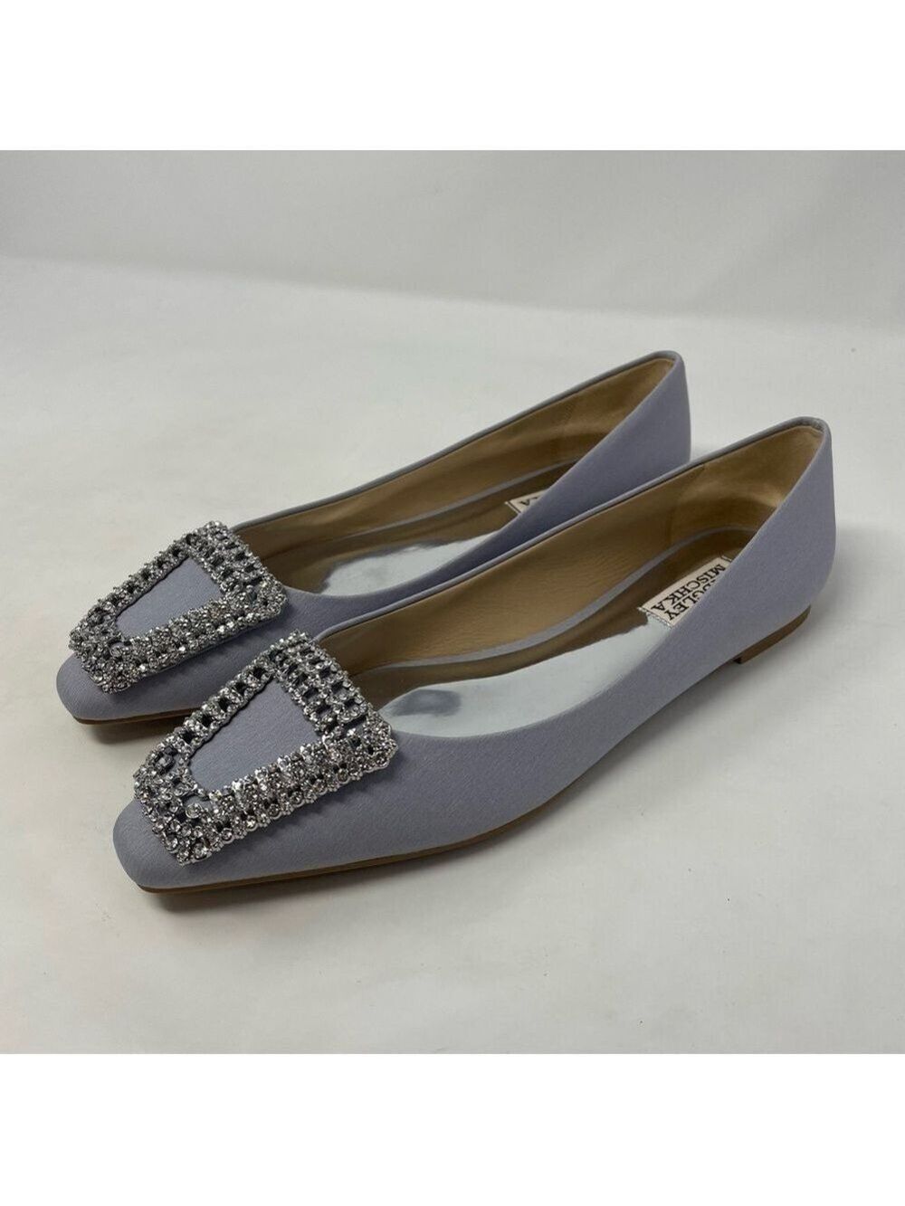 Badgley Mischka Emerie Embellished Crystal Buckle Satin Silver Slip on Flats NWT - Picture 7 of 13